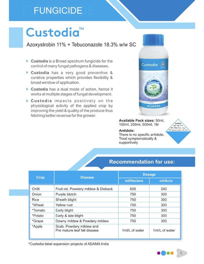 Adama Custodia (Azoxystrobin 11% + Tebuconazole 18.3% W/W SC) Fungicide
